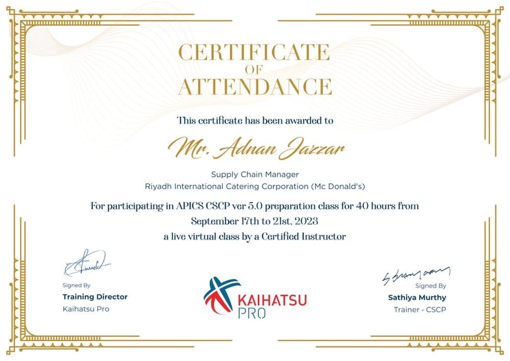 Certificate of attendance - APICS CSCP preparation, Kaihatsu Pro
