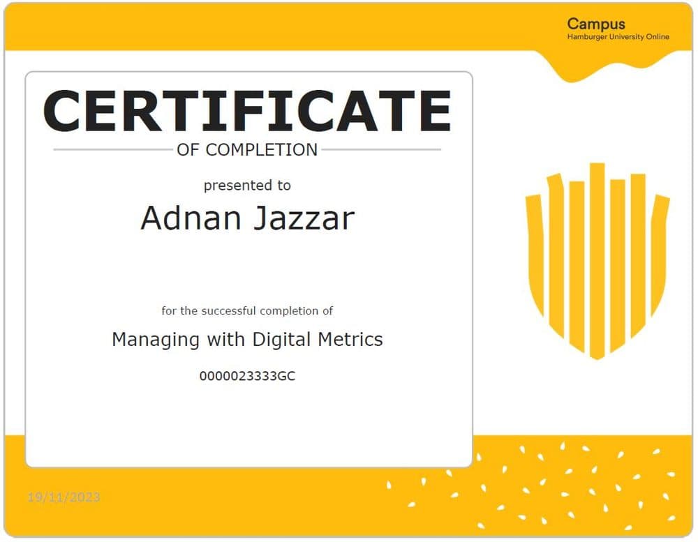Certificate of completion - Managing with Digital Metrics, Hamburger University